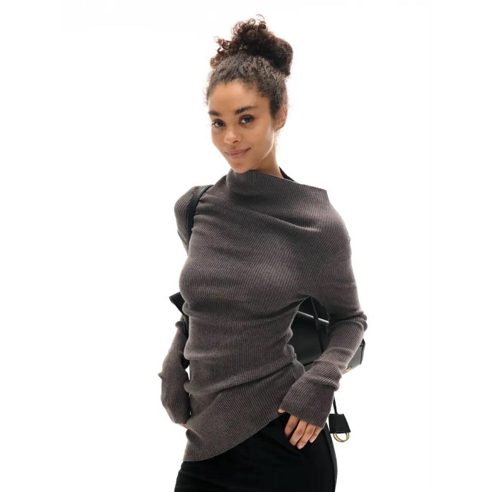 

Popular autumn and winter soft elastic texture multi-wearing method scimitar cutting knitted sweater long high collar L сірий колір