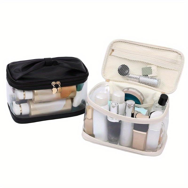 1Pc Women Girls Portable Makeup Bag with Bowknot Design, Clear Window Large Capacity Travel Cosmetic Storage Organizer