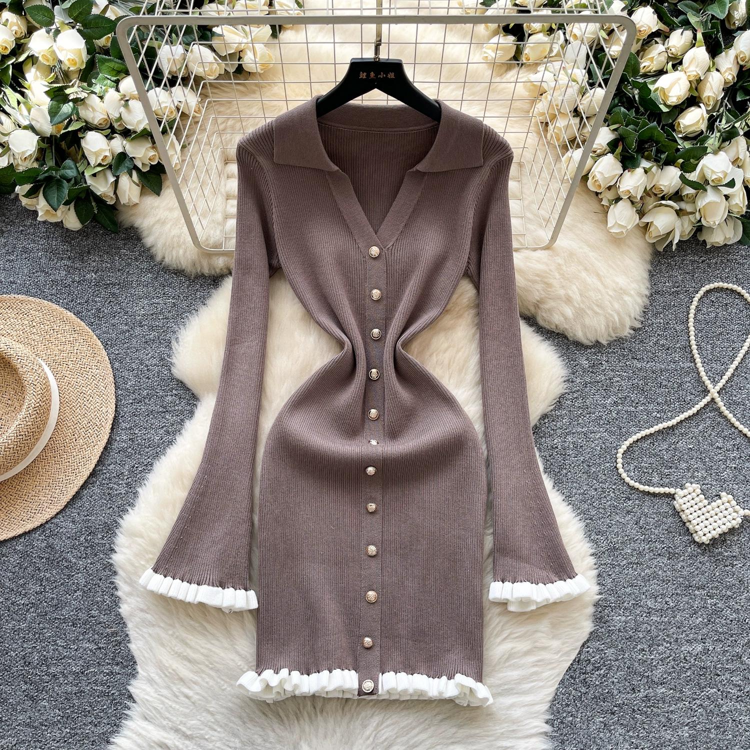 

Весенне-осенние женские платья-мини, облегающие фигуру, с отложным воротником и рукавами полной длины One Size верблюд