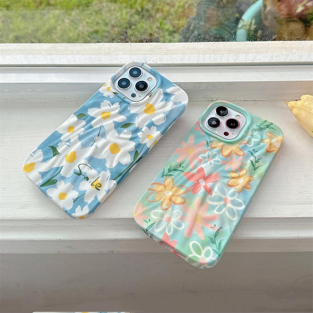 Carina Custodia per Telefono con Fiori 3D ad Acquerello Plissettata e Arricciata Per iPhone 15 14 13 Pro Max 11 12 Pro Max Cover Luminosa Floreale Antiurto
