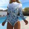Women Long Sleeve One Piece Swimsuit Zip Front  Plant  Print Rash Guard Surfing Bathing Suit