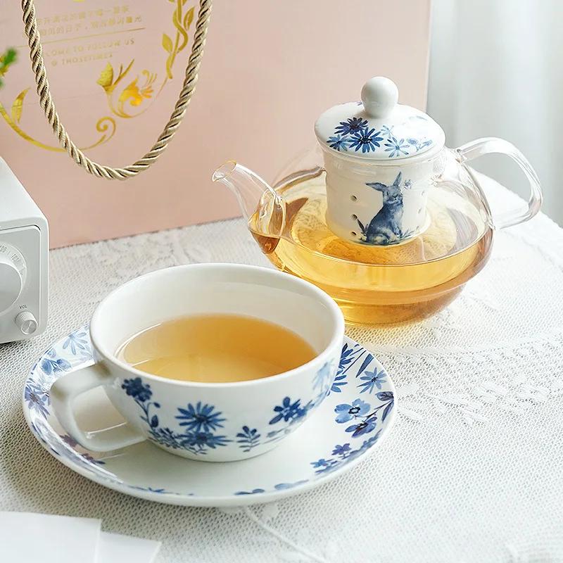 Blue Flower Porcelain Tea For One Set Glass Teapot Ceramic Tea Strainer Cup Saucer Coffee Mug Dishes Rabbit Tea Set