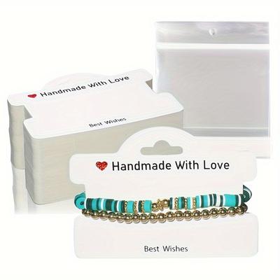 100pcs Bracelet Display Cards with 100pcs Clear Bags, Handmade with Love Hanging Jewelry Cards Tags Bracelet Business for Selling Necklace Earrings