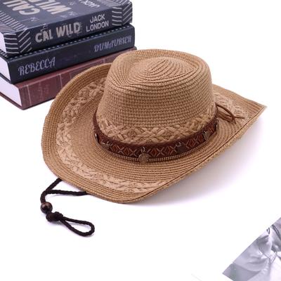 Ethnic Style Iron Sheet Decorative Straw Weaving Western Cowboy Hat Women's Outdoor UV Protection Holiday Sunshade Sun Climbing Hat