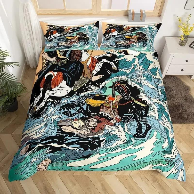Japanese Ukiyo-e King Queen Duvet Cover Golden Fish Hokusai Bedding Set Crane Wave Quilt Cover Red Sun Polyester Comforter Cover
