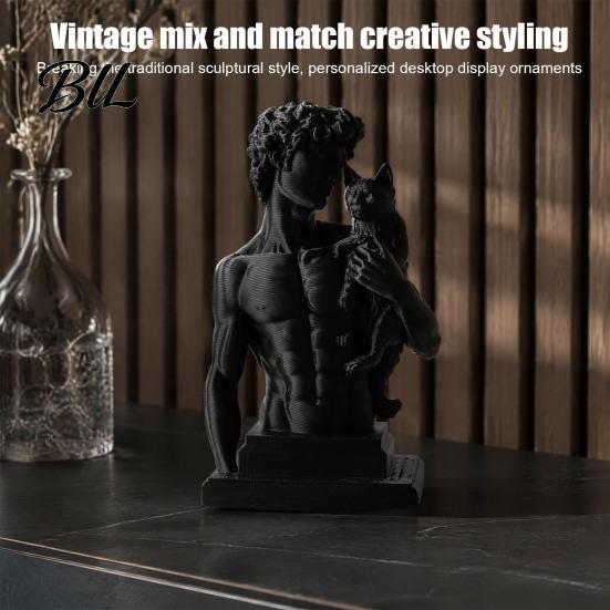 David Statue with Cat 3D Printed Cat, European Classic Art Sculpture Figurine Modern for Home Office Decor, Desktop Ornament Shelf Display Handcrafted