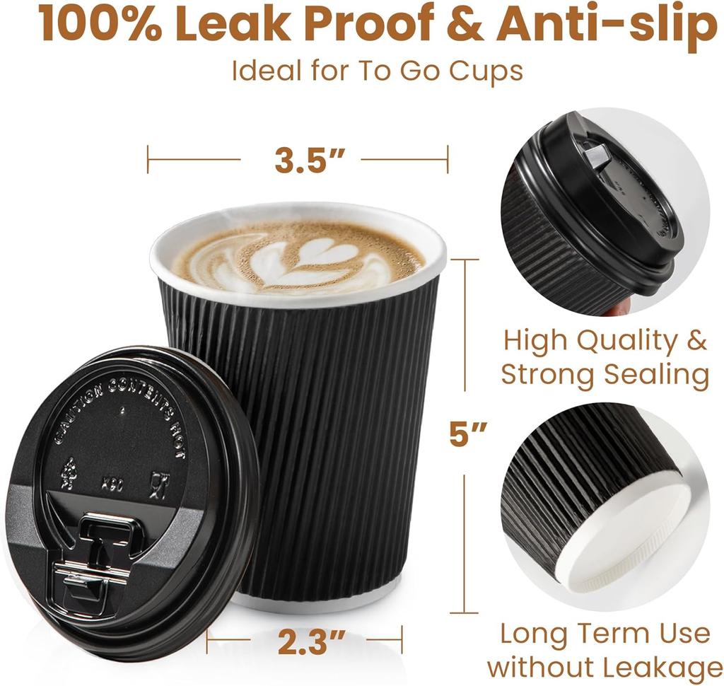 Pack 150 Insulated Corrugated Paper Cups with Lid Disposable Leak Proof Hot Coffee Cups with Lids for Travel Office for Tea