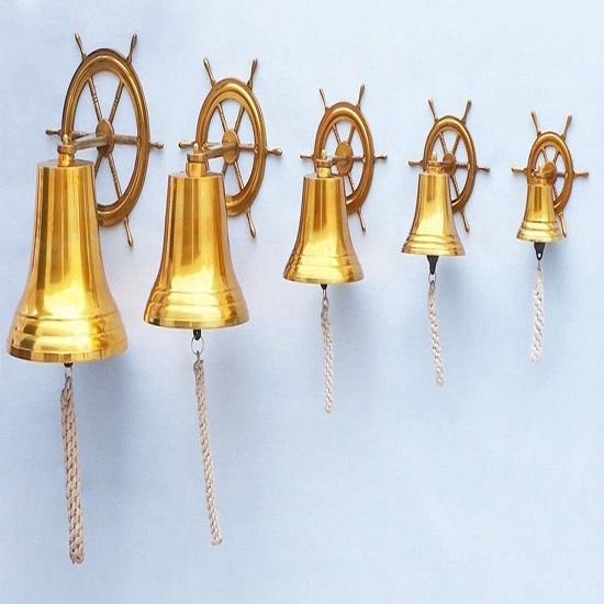 Brass Plated Hanging Ship Wheel Bell, 17.78 Cm