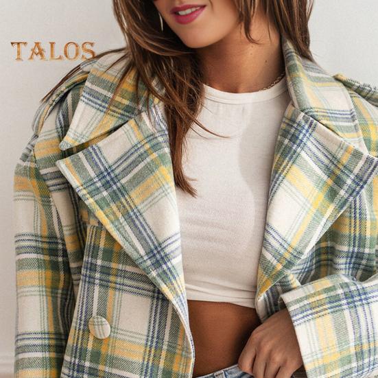 Herbst Winter Damen Jacke Umlegekragen Karomuster Lange Ärmel Locker Cardigan Knopfdekor Englischer Stil Kurzer Typ Oberbekleidung Mantel