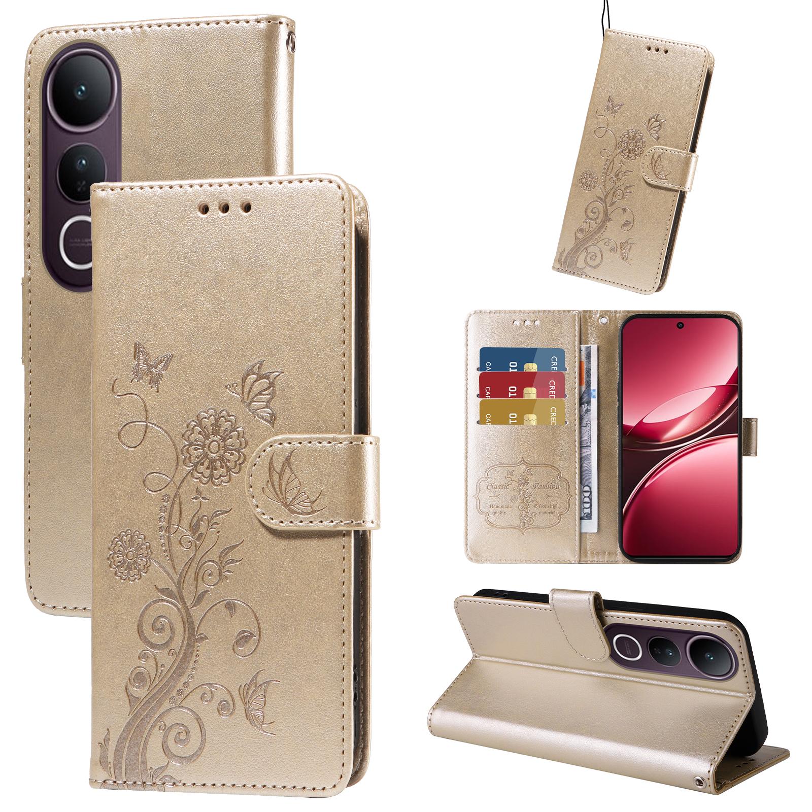 

For vivo V50 Lite 5G Leather Case Butterfly Floral Imprint Wallet Stand Cover Blue