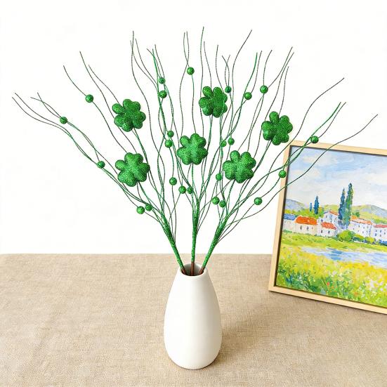 St. Patrick's Day Artificial Shamrock Plant Picks Glitter Four Leaf Clover Berries Stems for Flower Arrangements Irish Vase Home Table Centerpiece