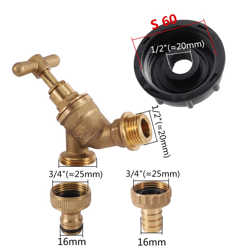 IBC Tank Adapter G1/2" Brass Faucet S60X6 Coarse Thread IBC Tank Fitting Water Tank Discharge Tap Replacement Garden Irrigation