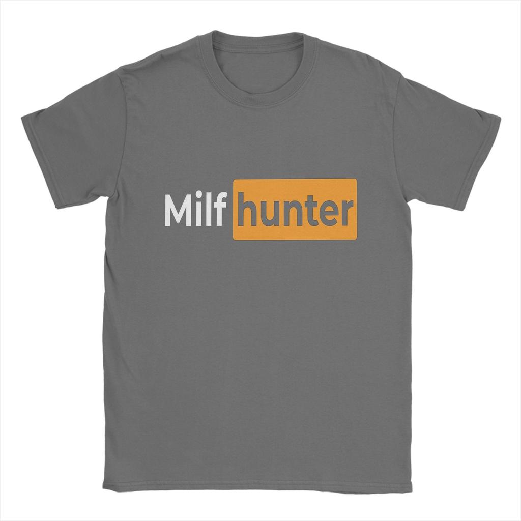 Cool Or Funny Men's T Shirts   Milf hunter Sticker Novelty Tees Short Sleeve O Neck T-Shirts Pure Cotton Gift Idea Clothing