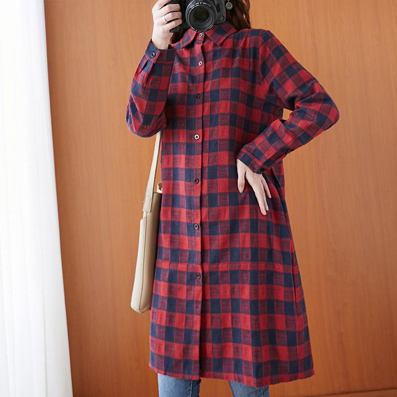 Autumn Loose Plaid Lapel Long Sleeve Blouse Shirt for Women Button Down Mid To Long Shirts