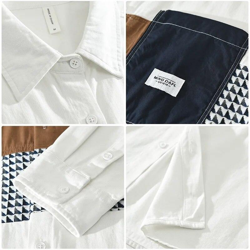 2024 Spring White Shirt Men Casual Long Sleeve Shirts 100% Cotton Plaid Patchwork Designer Loose Men's Fashion Shirt