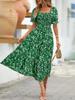 Floral Square Collar Ruched Waist Bubble Sleeve Layered Dress Sweet Style Dress