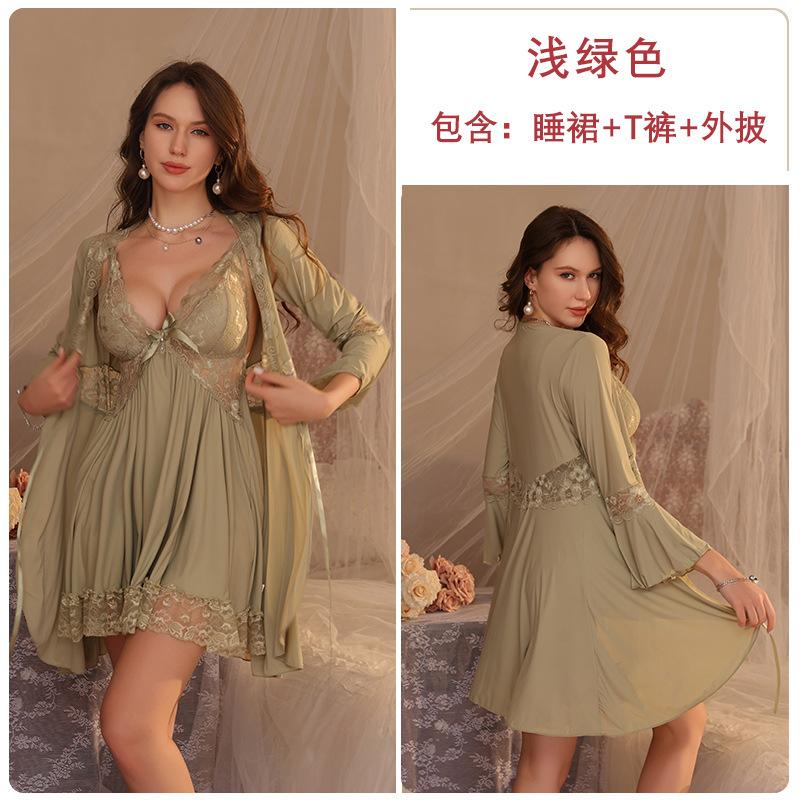 Spring and summer pajamas women with chest pads, suspenders, pajamas, pure desire wind long-sleeved pajamas, three-piece loungewear