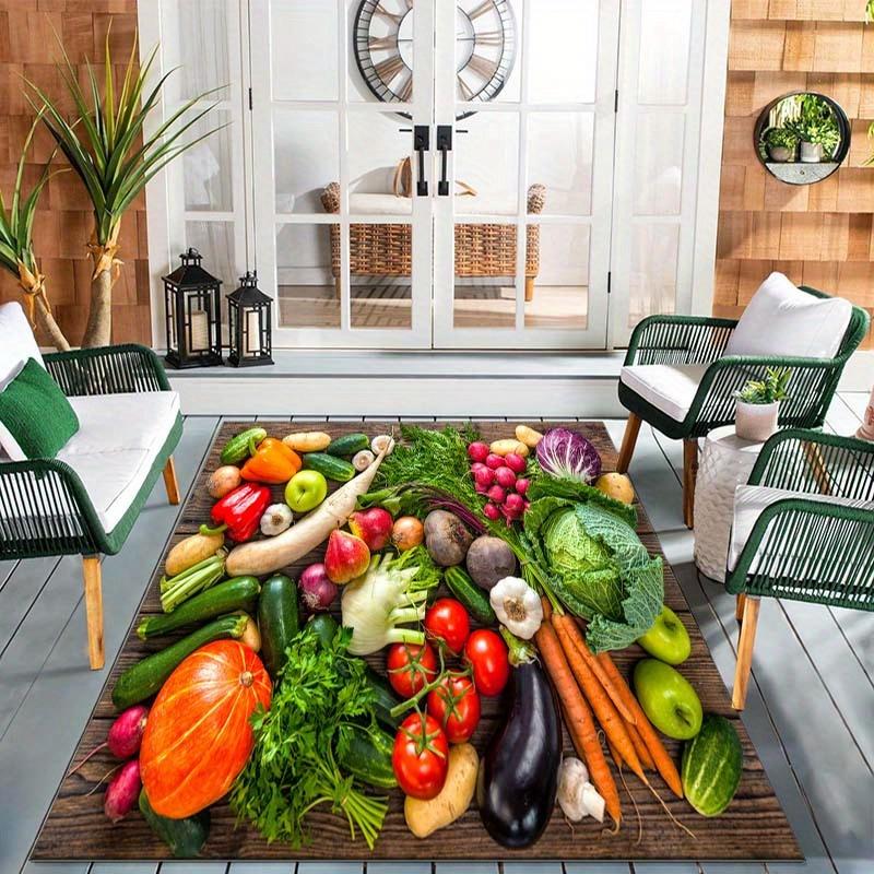 Farm Fresh Vegetable Print Area Rug,Realistic 3D Veggies on Wood Non-Slip Floor Mat Kitchen Living Room,Rustic Home Decor Carpet