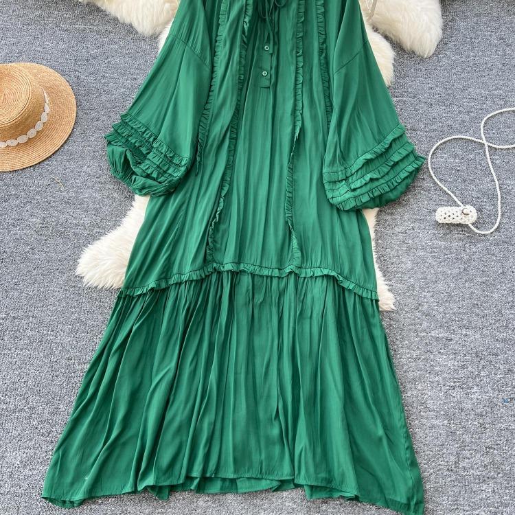 Lanterna Vintage Allacciatura Ruffle Vestito Maniche Lunghe Elegante Ampio Scollo O Moda Coreana High Street Abbigliamento Donna