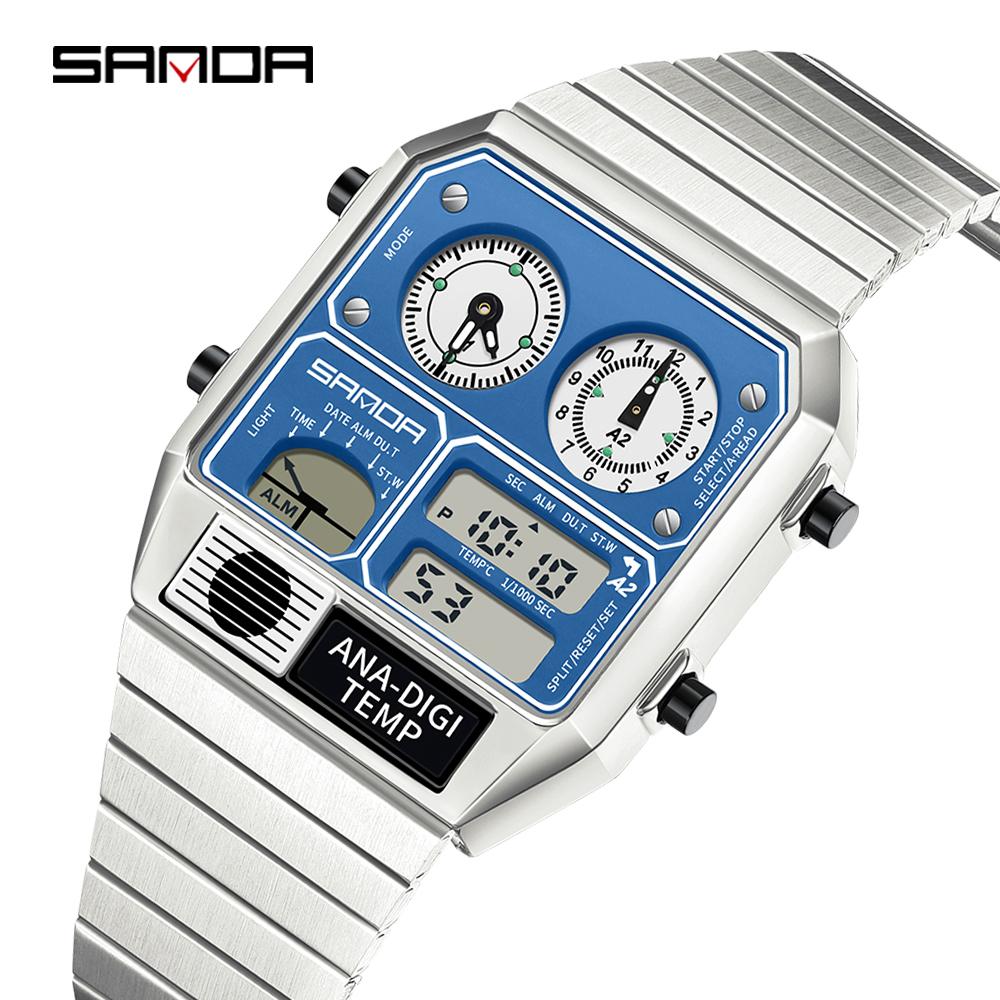SANDA 3192 Mode Unisex Horloge LED Elektronisch Vierkant Jeugd Casual Multifunctioneel Thermometer Stopwatch Chronograaf Herenhorloge gray
