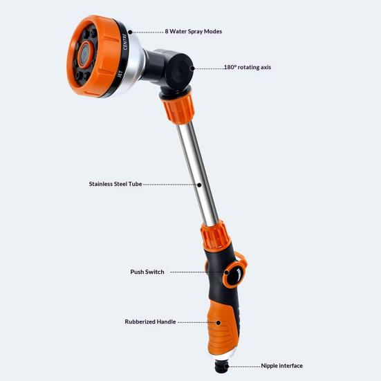 Garden Hose Sprayer Wand with 8 Spray Modes 180 Degree Angle Adjustable Sprinkler Head