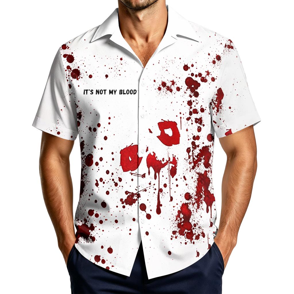 Men's Casual Short Sleeve Halloween Print Button Down Shirt