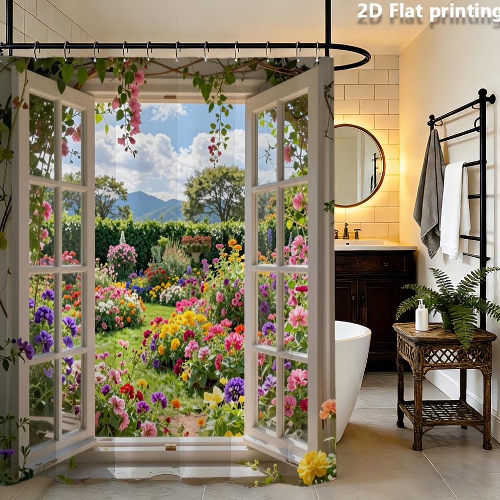 Window View Garden Shower Curtain 1Pc Polyester 2D Flat Print 70.8X70.8 Inch Blooming Floral Landscape Bathroom Decor