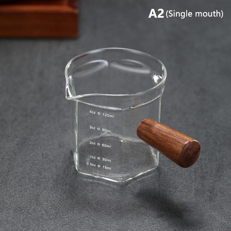 120 мл Стеклянная мерная чашка для эспрессо с деревянной ручкой, чашка для экстракции кофе со шкалой, высокая термостойкость, молочник, мерная кружка