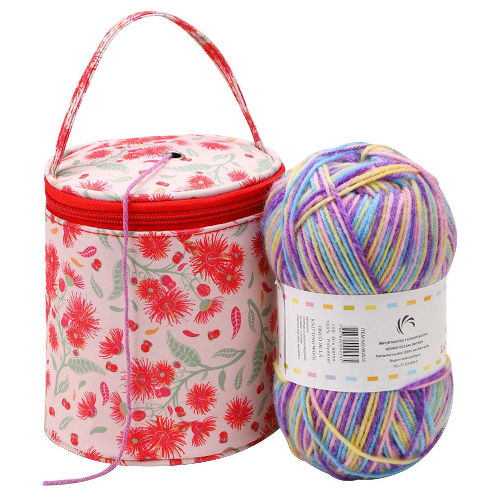 Floral Pattern Yarn Storage Bag Waterproof Yarn Holder Sewing Storage Bag Zipper with Handle Strap for Wool and Needles Storage