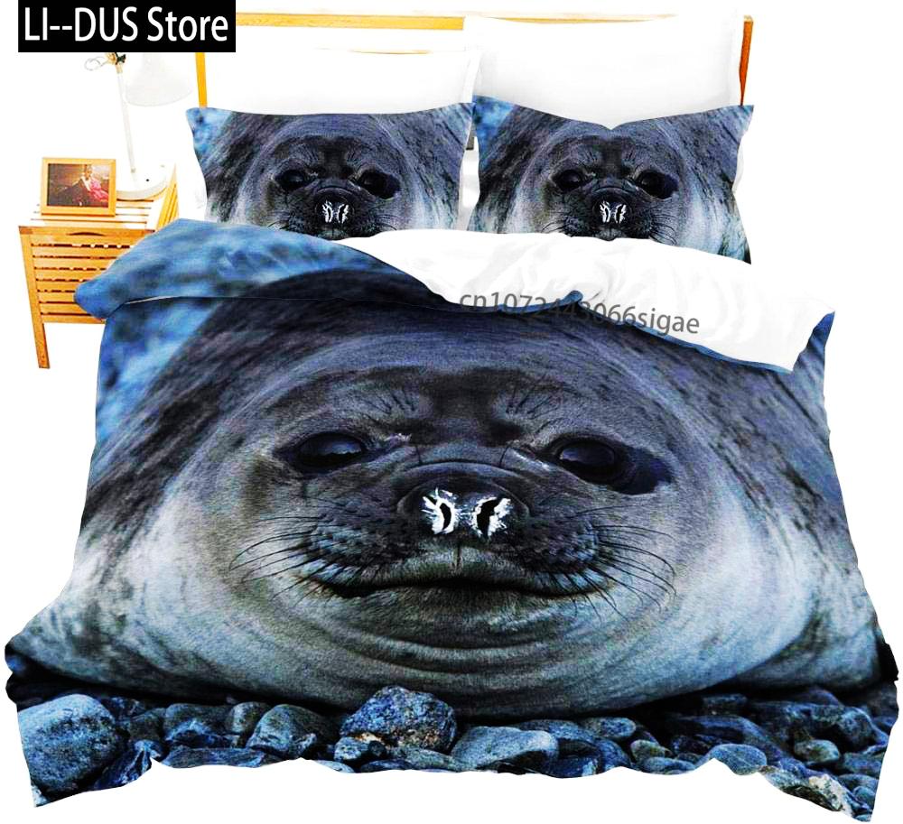 3D Sea Lion Duvet Cover King/Queen SizeCute Cartoon Sea Lion Sleeping Print Bedding Set For Kids Boysocean Animals Quilt Cover