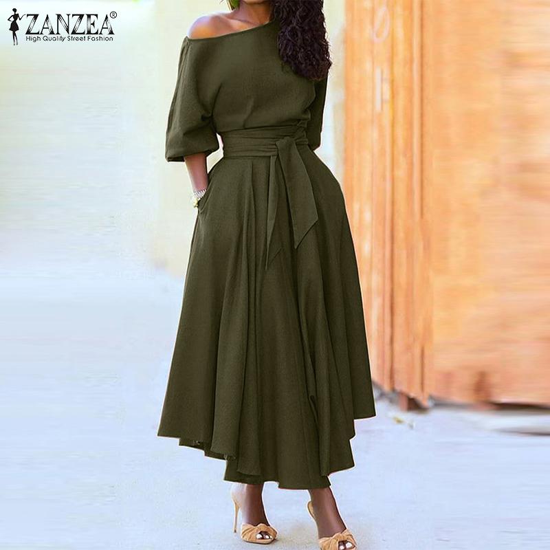 

ZANZEA женские бретели без бретелек собрать талию неровный подол рукава-фонарики карманы однотонные свободные платья
