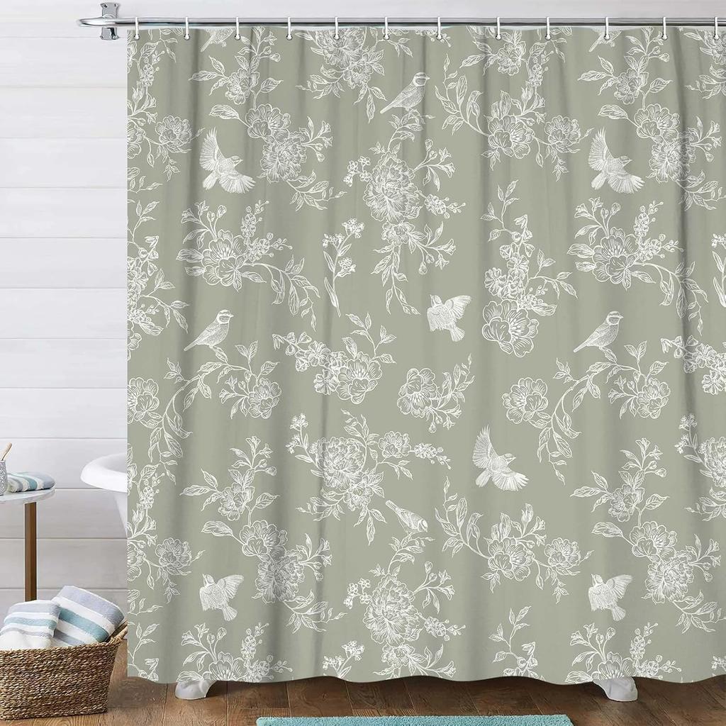 Blaues florales Duschvorhang-Set, Vintage Retro Cottagecore Floral Botanisch Vögel Blüte Blume Boho Ästhetik Stoffdusche