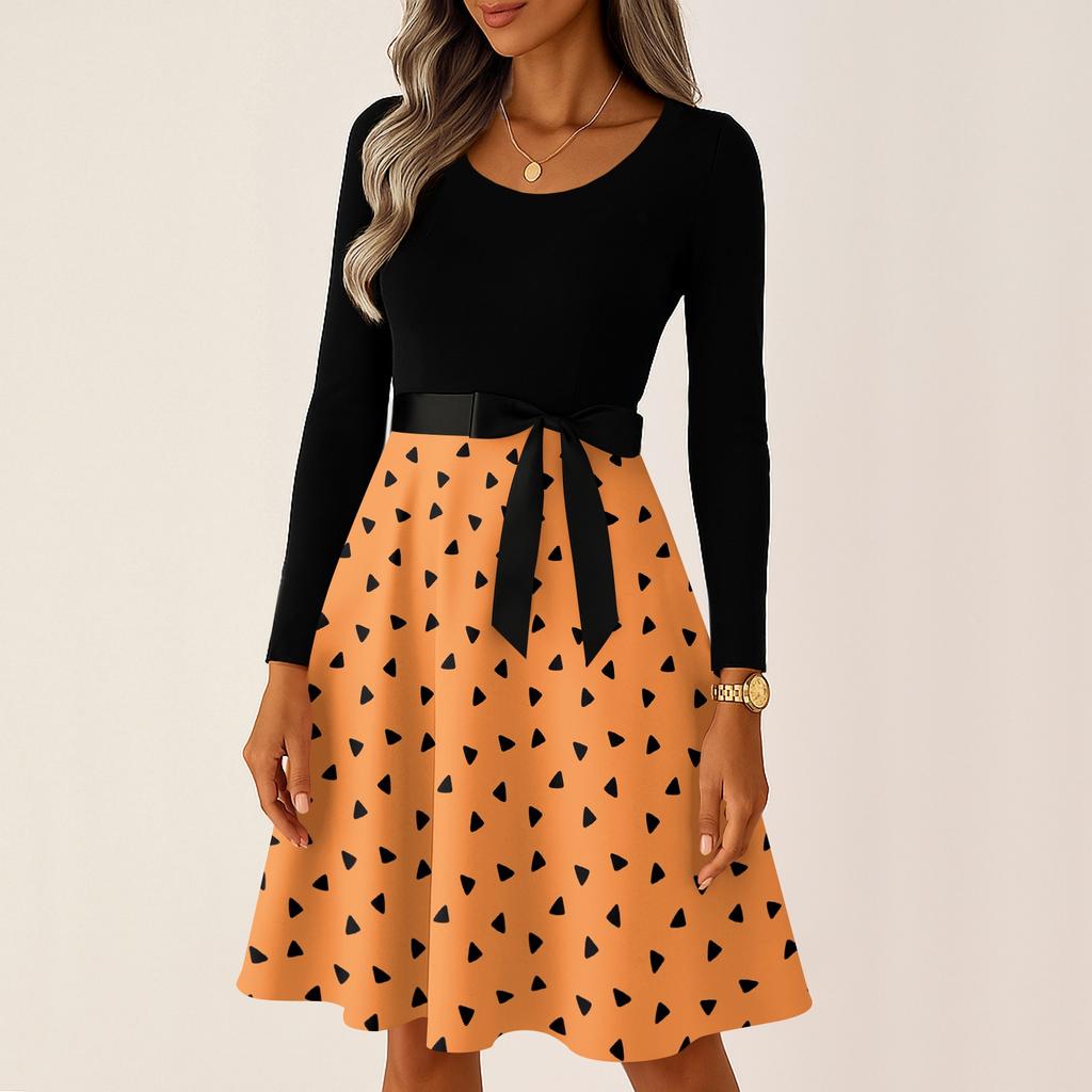 Women's Casual Long Sleeve Halloween Print Vintage Dress Round Neck A-Line Fit and Flare Midi Dress with Bowknot Waist