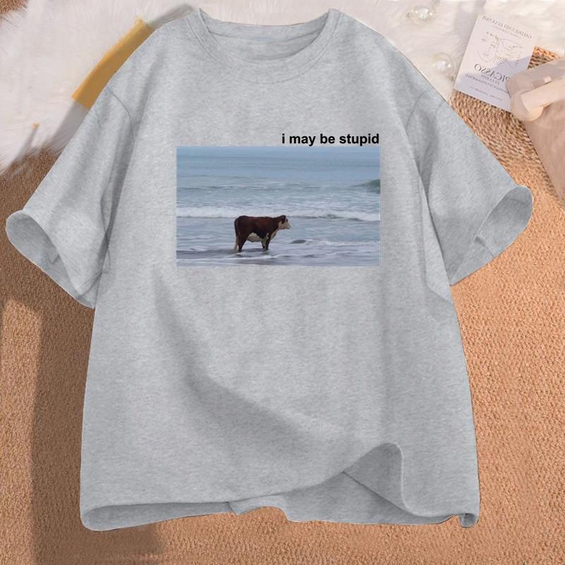 Ich bin vielleicht eine dumme Kuh am Strand Lustiges Meme T-Shirt Baumwolle Kurzarm Damenmode Rundhals-T-Shirt Lässiges Gemütliches Baumwoll-T-Shirt
