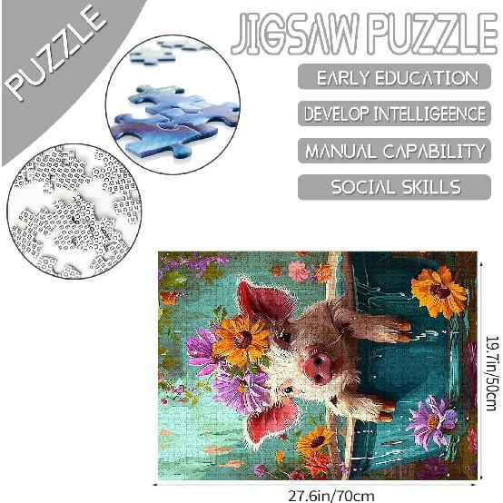Adorable Pig in Bathtub Jigsaw Puzzle 1000 Pieces Puzzles for Adults, Farmhouse Animal Flowers Jigsaw Puzzles for Challenging Family Activity Games