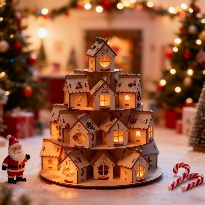 24pcs Wooden Christmas Countdown Calendar Ornaments 3D Vintage Layered House Decoration Stand Christmas Decorative Kids Gifts