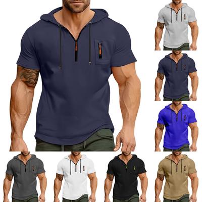 Men's Summer Shirt Zipper Pocket Short Sleeve Hooded Sweatshirt Men's Sports Large Size Casual Sweatshirt