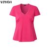 VONDA Women Casual V Neck Short Sleeve Ruffled Soild Color Blouse