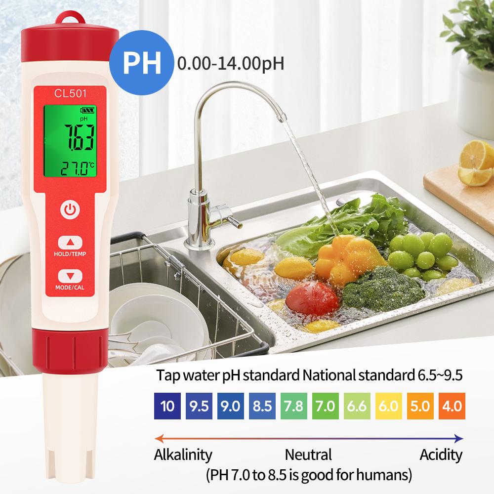 PH/CL2/H2/ORP/Temperature Meter Chlorine Detector Digital Water Quality Tester for Pools Drinking Water Aquariums Aquaculture