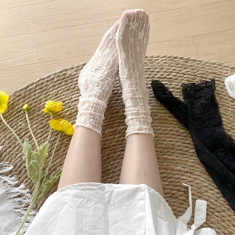 JK Women's Sweet Pile Socks Lace Flower Mesh Socks Female Small Fresh Mid-tube Socks Summer Thin Breathable Japanese Style