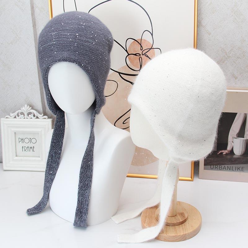 Autumn and winter sequined ear protection knitted hat women's retro lace-up bag head warm windproof wool hat outdoor cold-proof pullover hat
