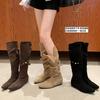 Cowhide version 0cm inner height increase~ two wear Korean pointed buckle with pleated middle tube stack boots women 0000 autumn and winter new