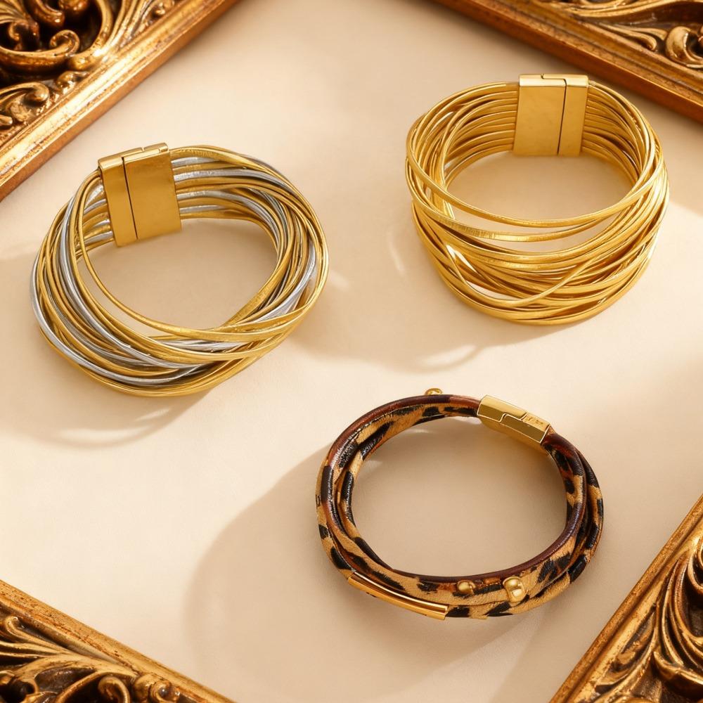 Bohemian Fashion Leopard Print Metal Tube Spliced Multi-layer Leather Rope Magnetic Clasp Bangles for Women Bracelet Jewelry