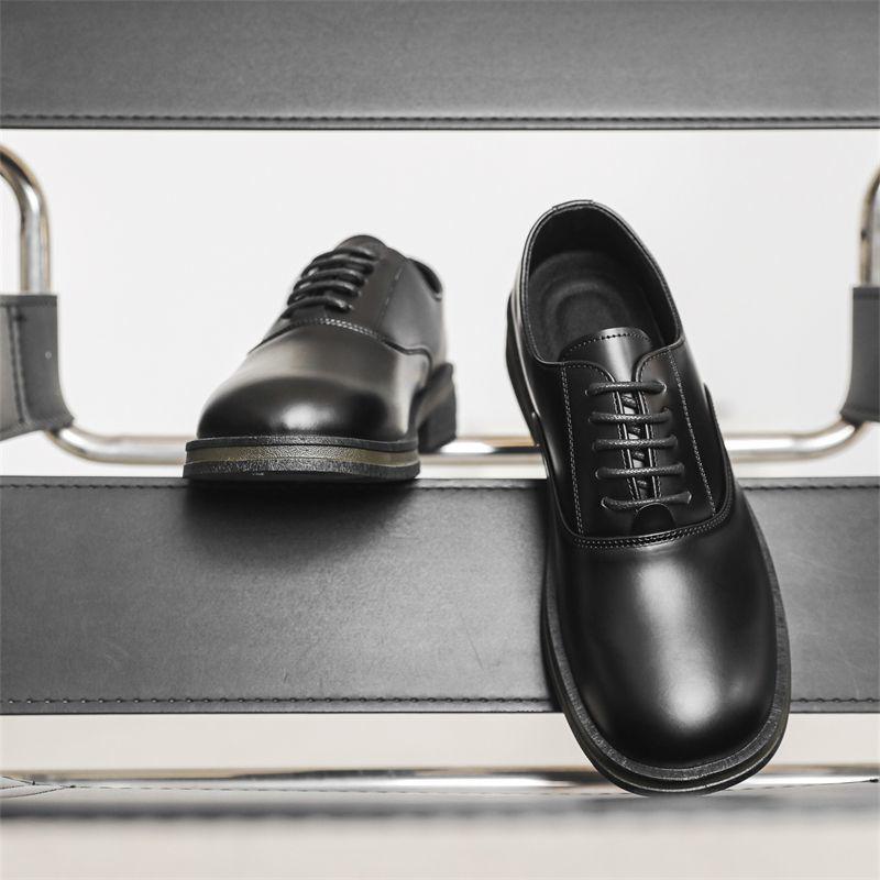 Men's Black Genuine Leather Derby Shoes - High-End, Round Toe, Formal/Casual, French/Japanese-Inspired.