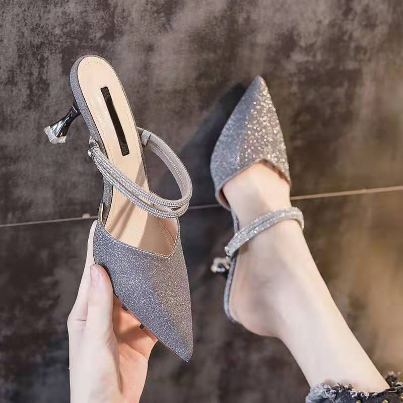 Women's Toe-Covered Sandals Pumps High Heels  New Spring Summer Two-Way Pointed Toe Outer Wear Half Slippers Fashion Sandals