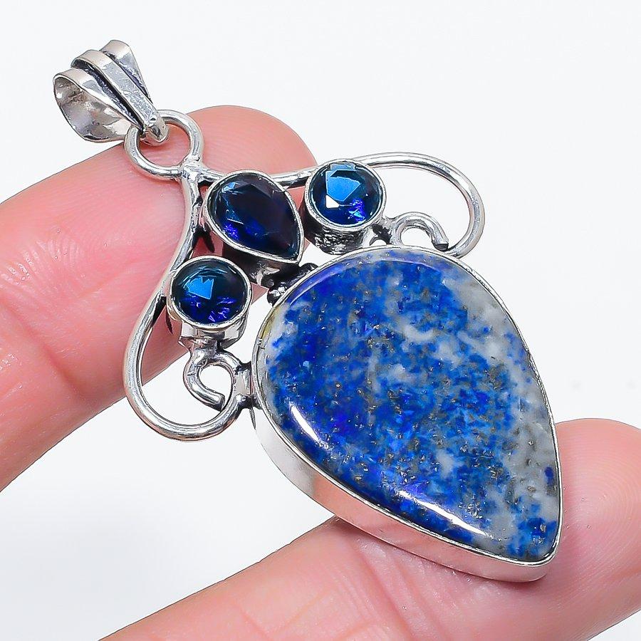 Lapis Lazuli, Topaz Gemstone 925 Sterling Silver Jewelry Pendant 2.29"