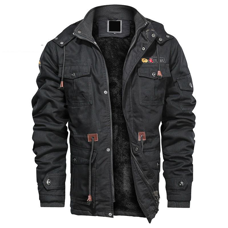 Chaqueta de longitud media con capucha para hombre Plus Terciopelo Talla Grande Multibolsillo Chaqueta Militar Casual Chaqueta de Trabajo para Hombre