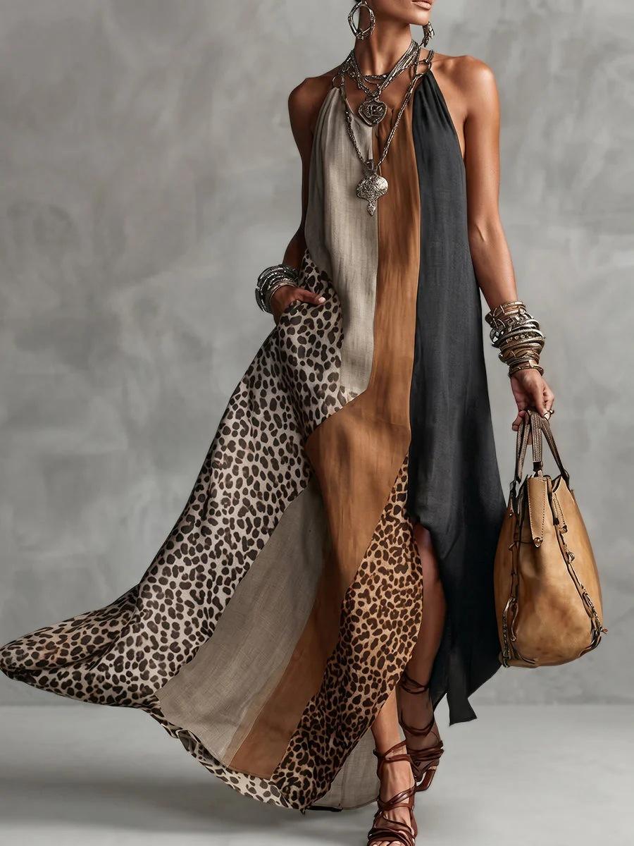 Bohemian leopard print contrasting splicing neck