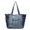 Niche Raw Edge Denim Tote Bag 2026, Women's Large Capacity Commute Shoulder Bag with Fashion Silk Scarf