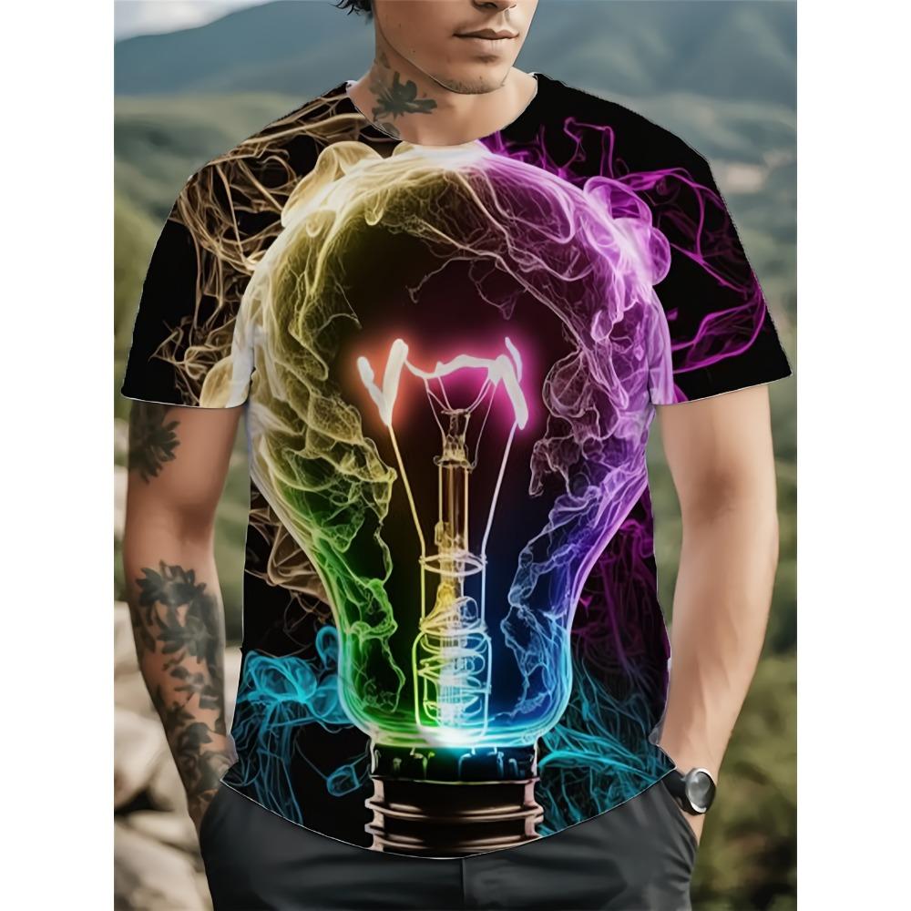 Men's Plus Size 3D Printed Short Sleeved T-shirt - Vibrant Light Bulb Pattern with Electric Blue and Purple Patterns, Breathable Round Shape
